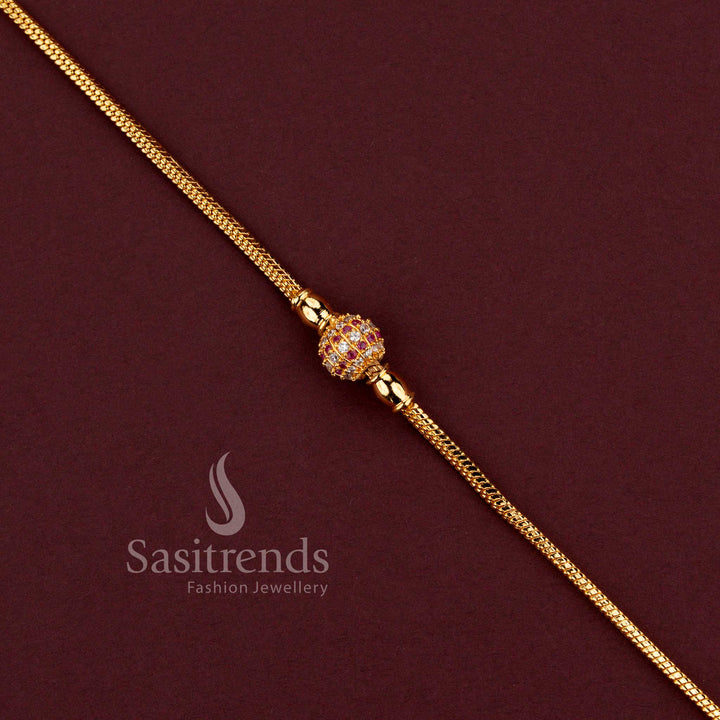 Guaranteed One Gram Micro Gold Plated Crystal Globe Mugappu Chain with White and Ruby AD Stone Detailing for Women - Sasitrends