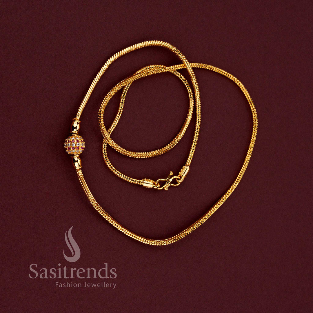 Guaranteed One Gram Micro Gold Plated Crystal Globe Mugappu Chain with Sparkling AD Stone Work and Traditional Gold Look Finish for Women - Sasitrends