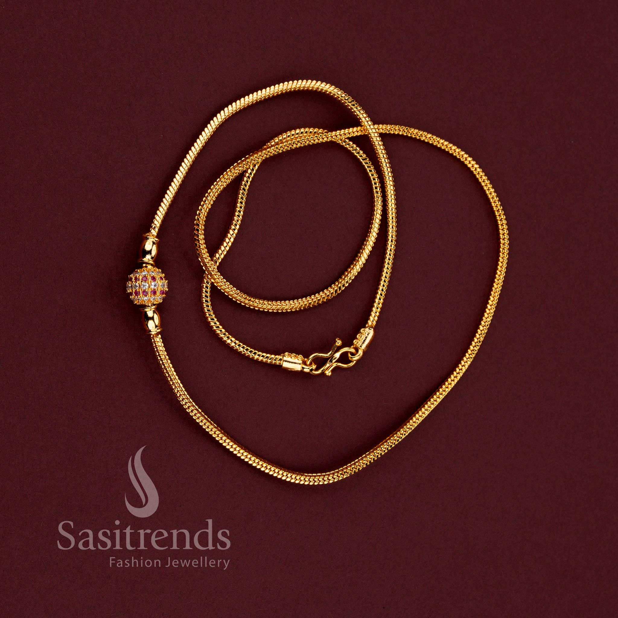 Guaranteed One Gram Micro Gold Plated Crystal Globe Mugappu Chain with Sparkling AD Stone Work and Traditional Gold Look Finish for Women - Sasitrends