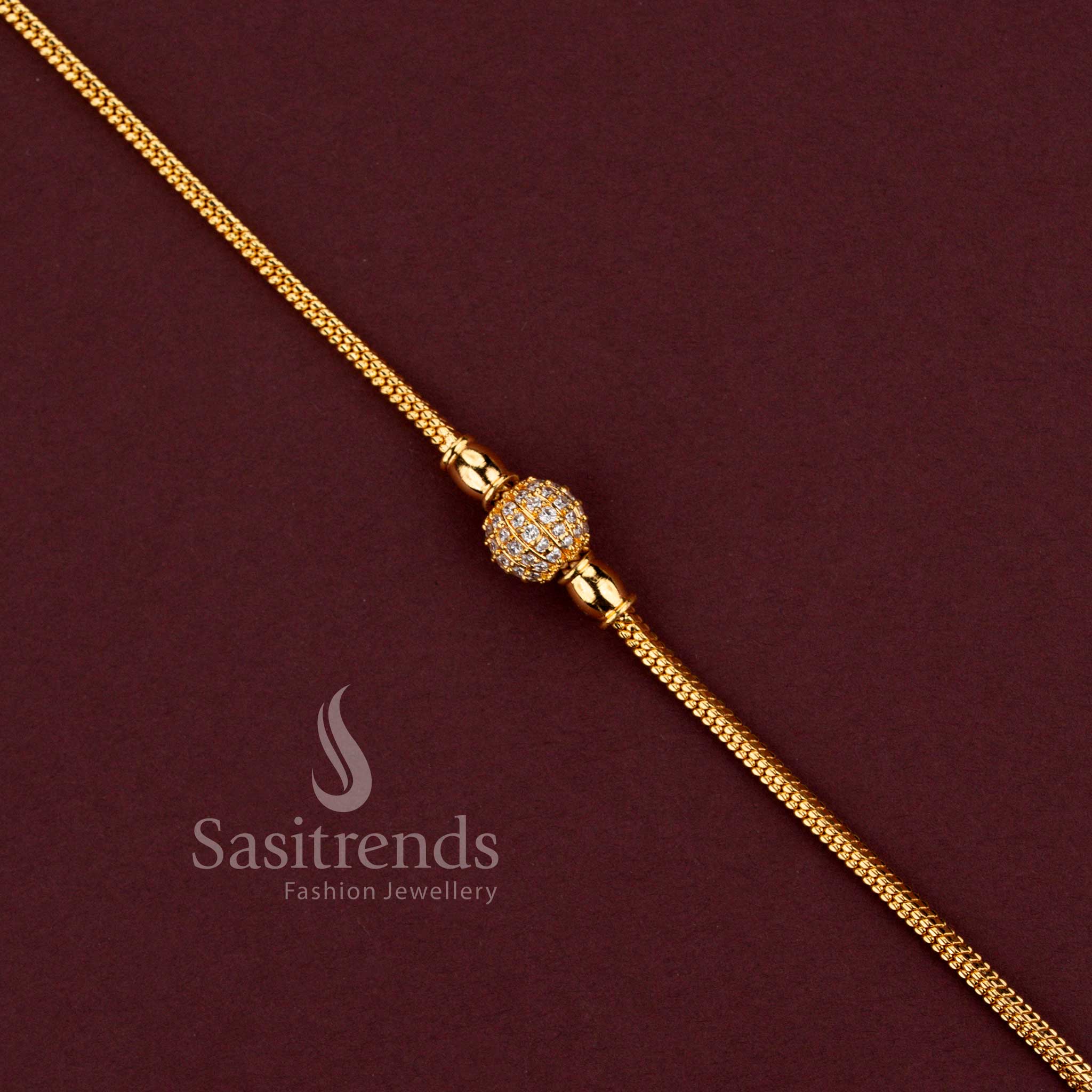 Traditional One Gram Micro Gold Plated Crystal Globe Mugappu Chain with Shimmering White Stone Detailing for Women - Sasitrends
