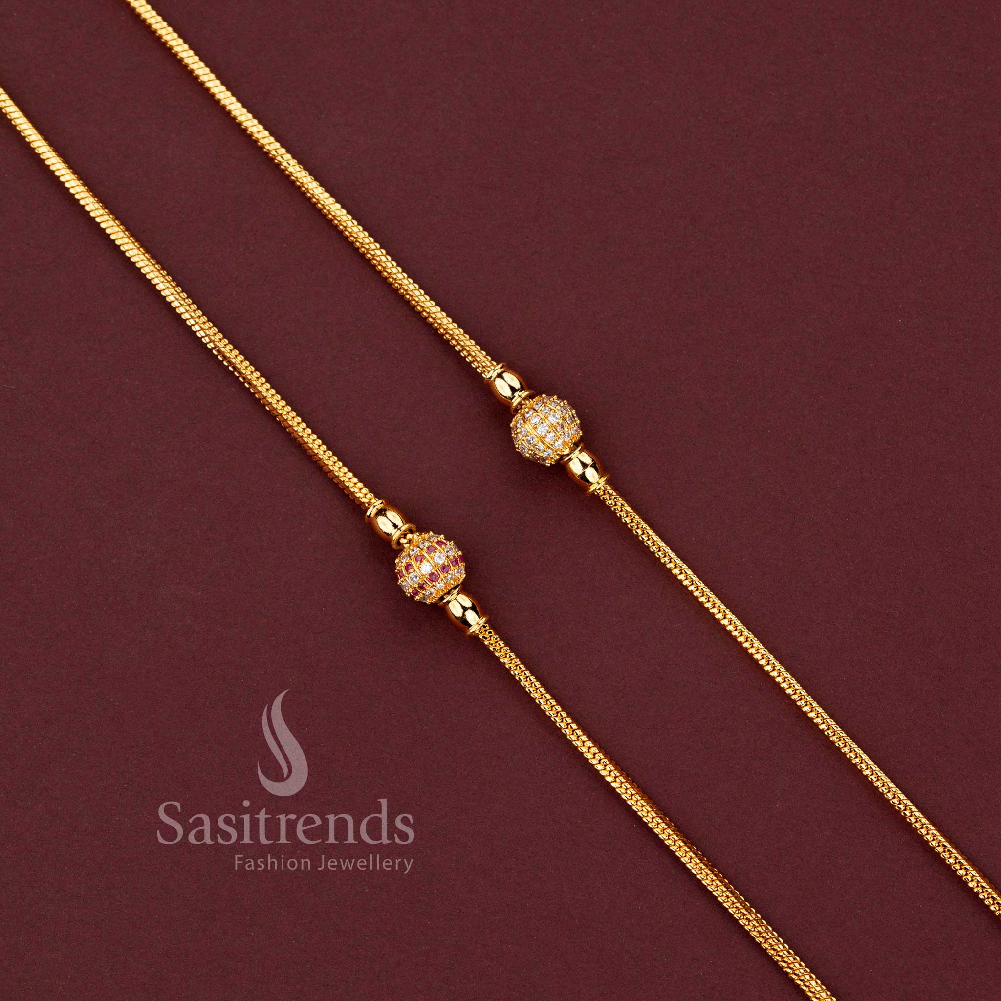 Traditional Micro Gold Plated Mugappu Chain Featuring Crystal Globe Pendant Design with 24K Gold Like Finish - Sasitrends