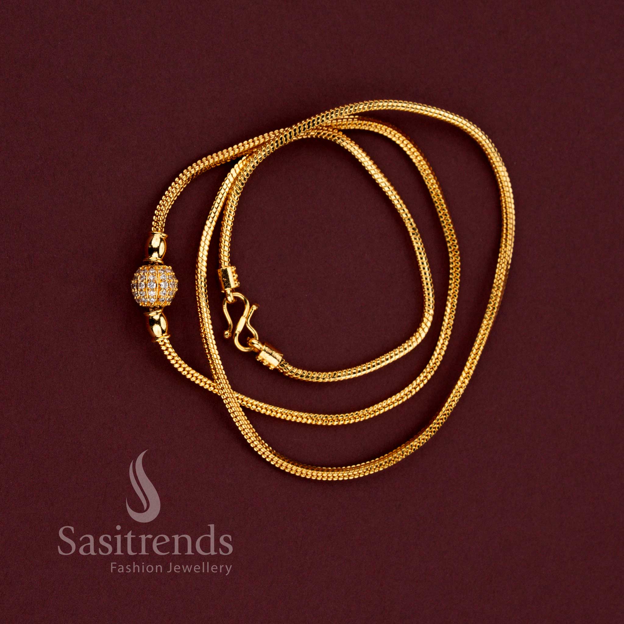 Traditional One Gram Micro Gold Plated Crystal Globe Mugappu Chain with Shimmering White Stone Detailing for Women - Sasitrends