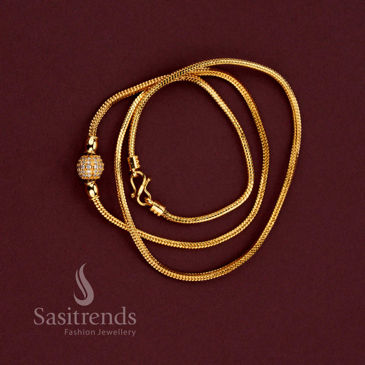 Traditional One Gram Micro Gold Plated Crystal Globe Mugappu Chain with Shimmering White Stone Detailing for Women - Sasitrends