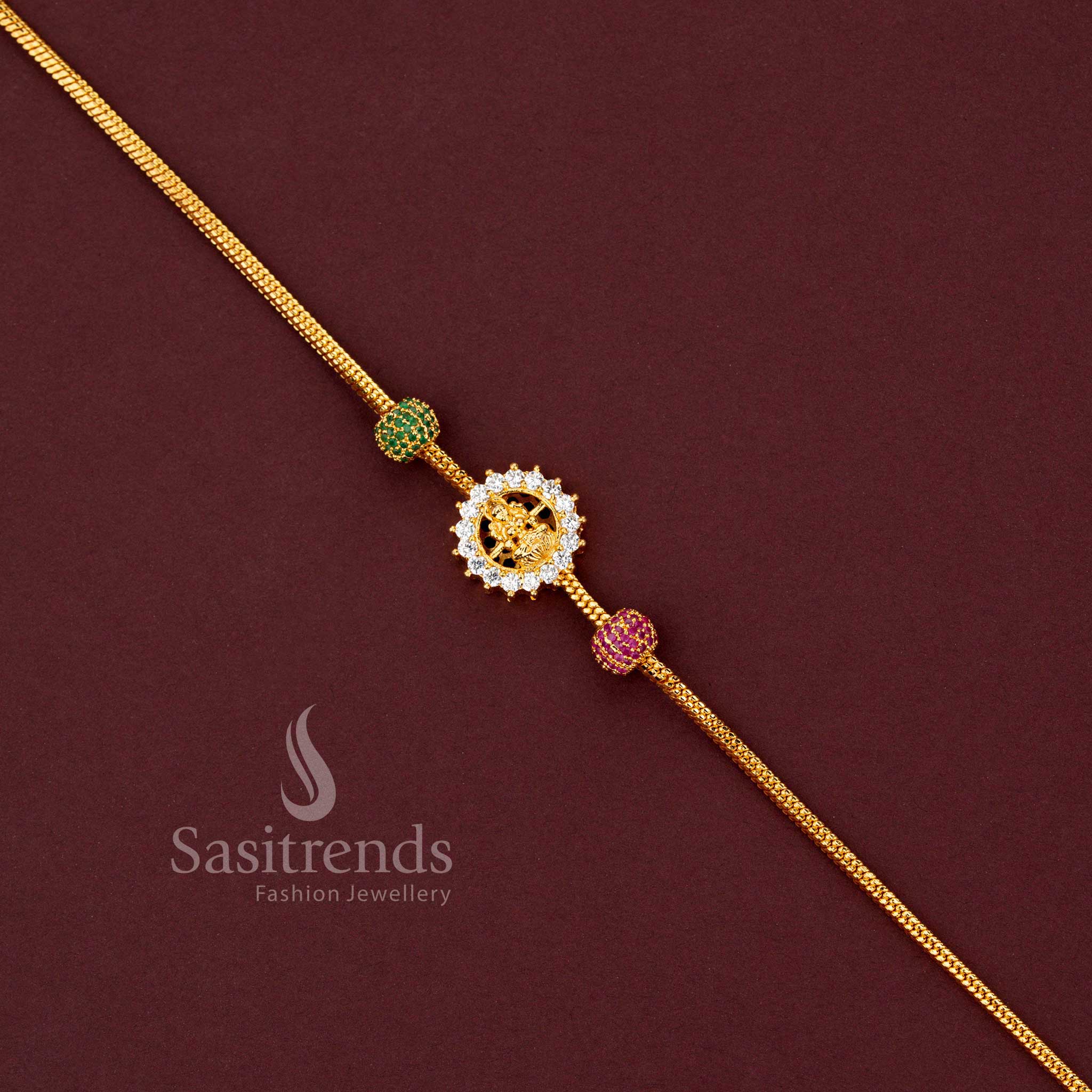 Micro Gold Plated Lakshmi Mugappu Chain with Ruby Emerald Beads and Sparkling Stone Halo Design - Sasitrends
