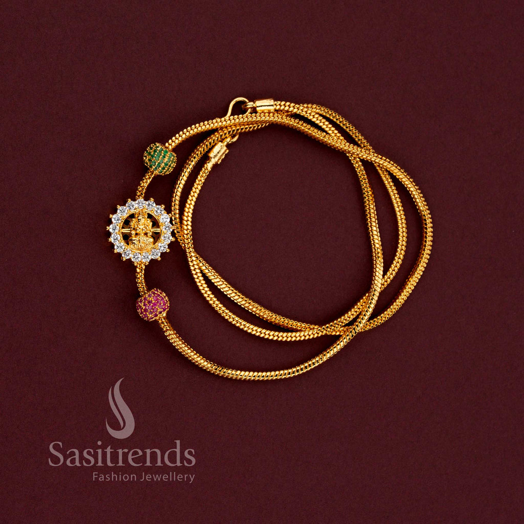 Micro Gold Plated Lakshmi Mugappu Chain with Ruby Emerald Beads and Sparkling Stone Halo Design - Sasitrends