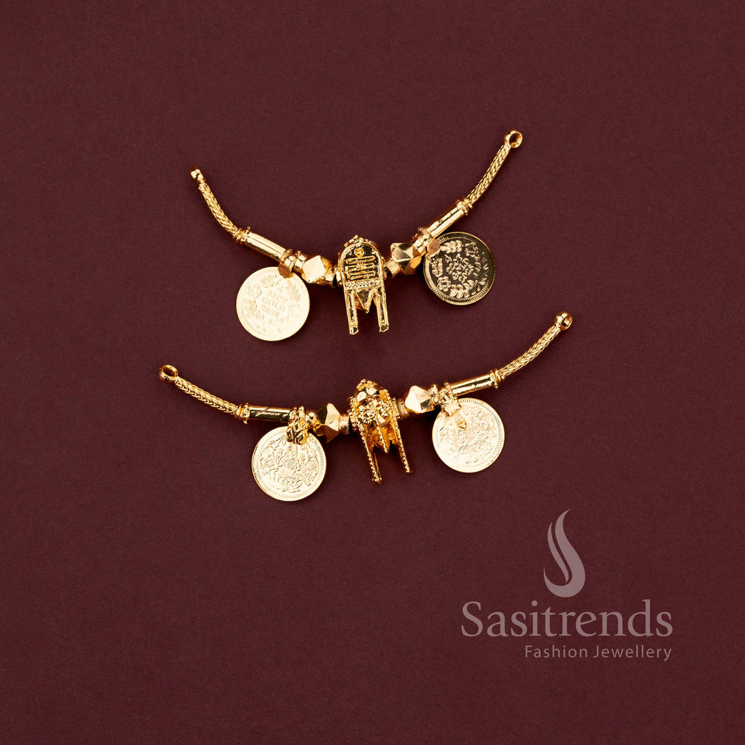 Traditional south indian micro gold plated thali pendants in thennai maram and lakshmi coin designs - Sasitrends.