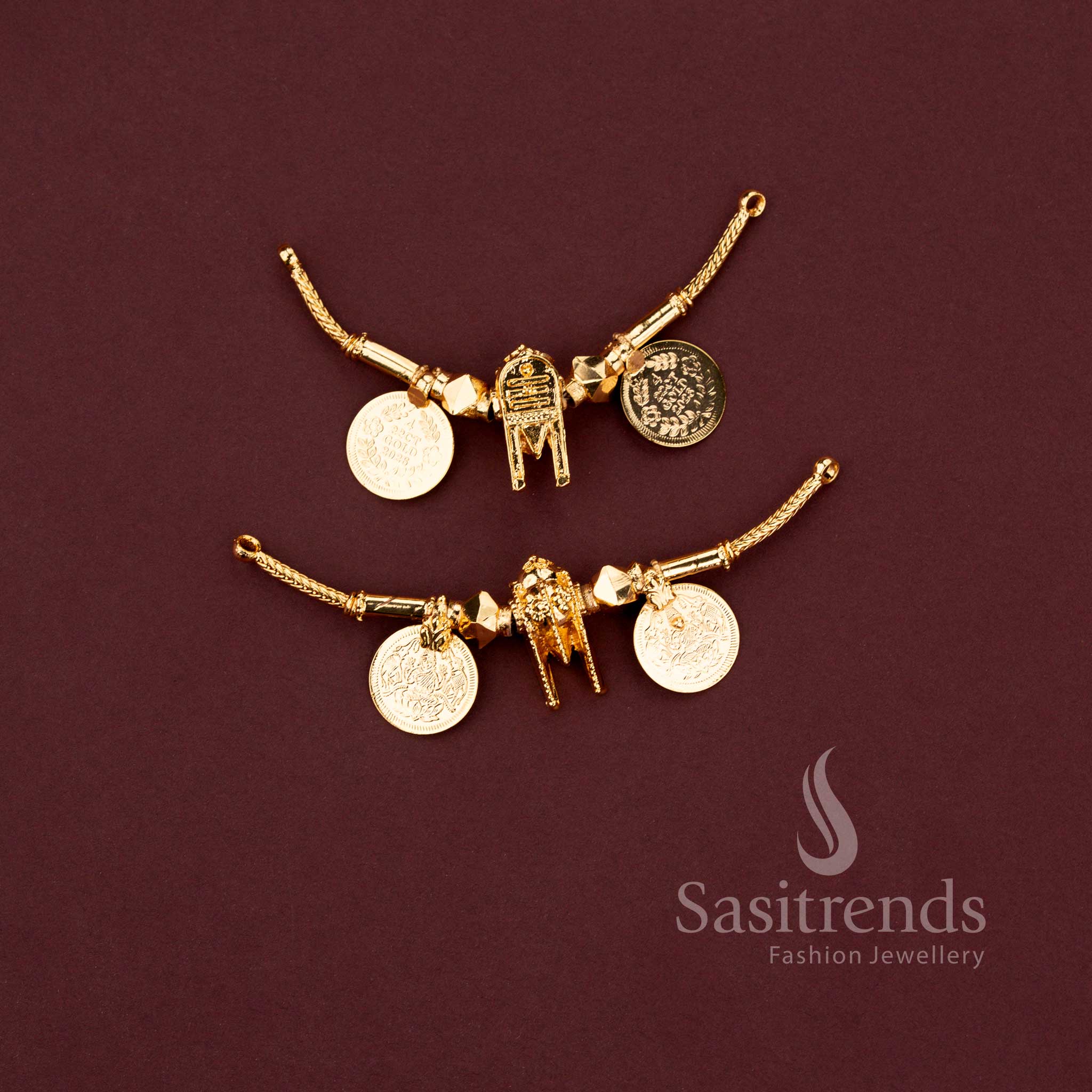 Traditional south indian micro gold plated thali pendants in thennai maram and lakshmi coin designs - Sasitrends.