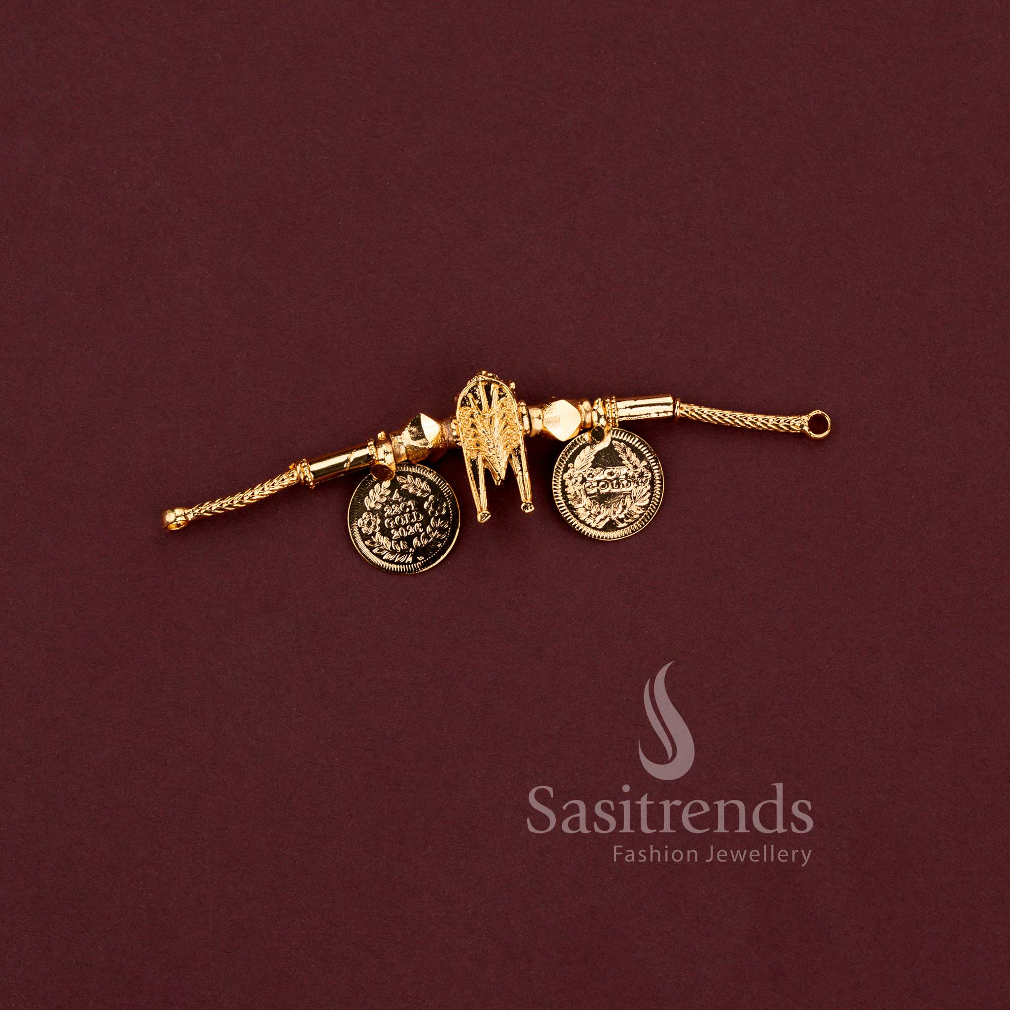 Traditional south indian micro gold plated thali pendants in thennai maram and lakshmi coin designs - Sasitrends.