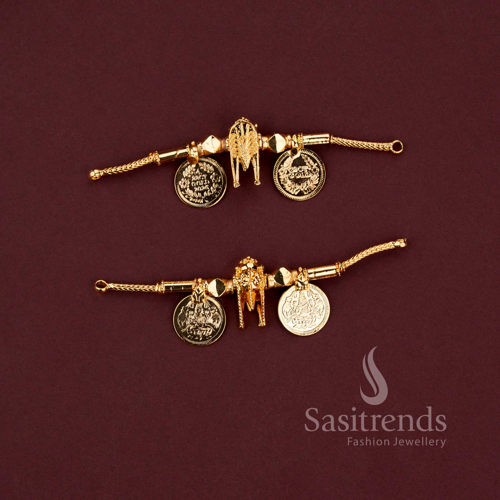 Micro gold plated lakshmi coin and tulsi mangalsutra thali pendant collection showcasing sivan pattai and naamam variants - Sasitrends