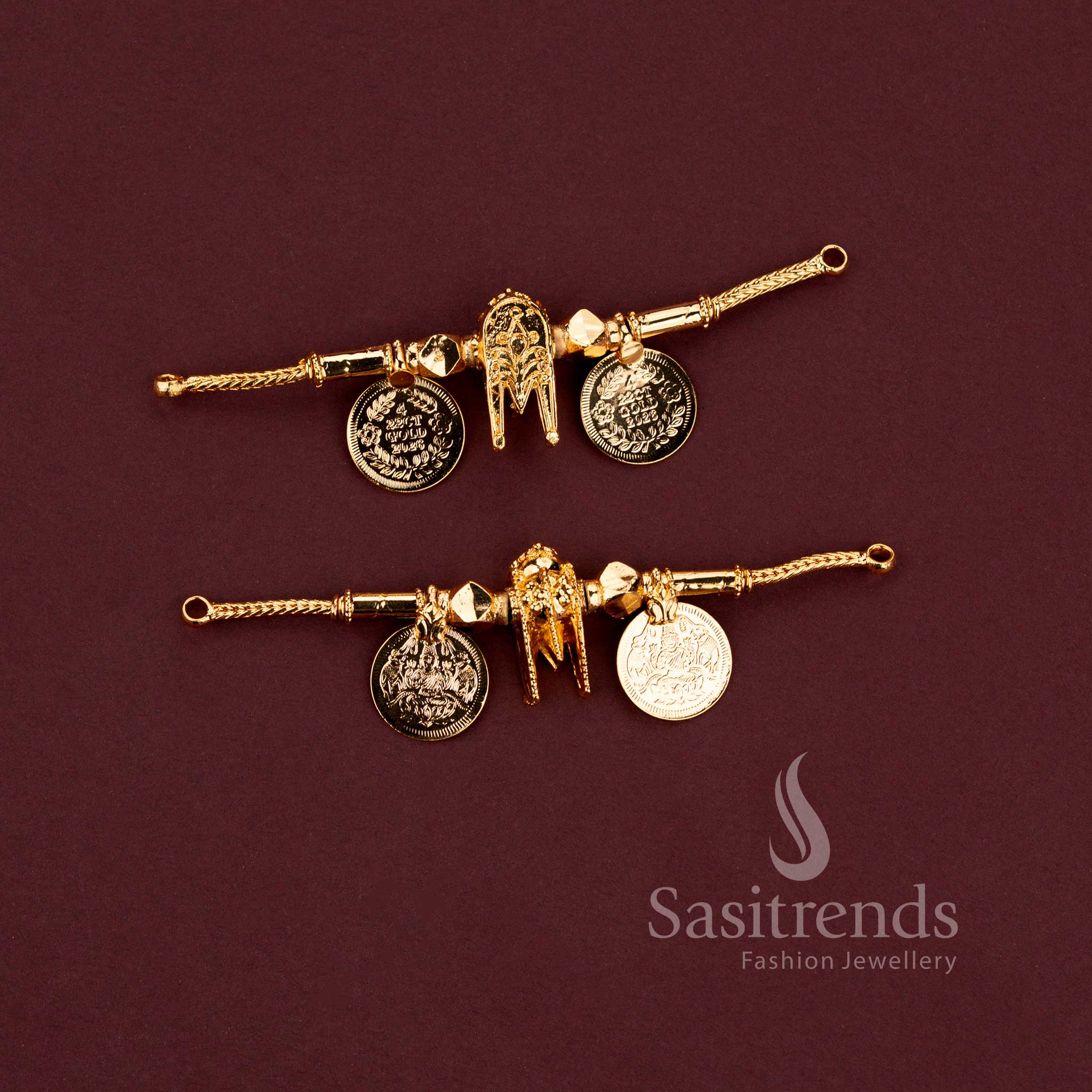 Traditional south indian micro gold plated thali pendants in thennai maram and lakshmi coin designs - Sasitrends.
