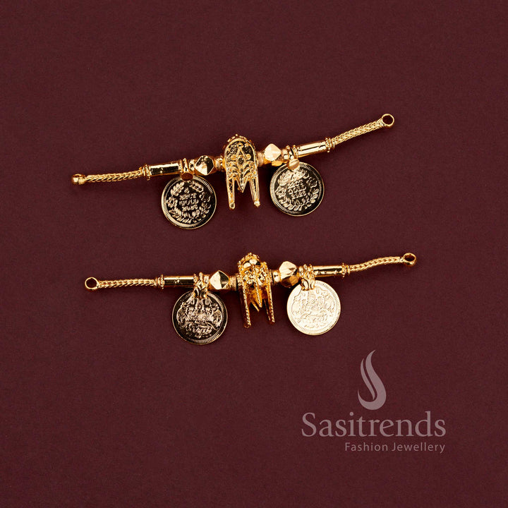 Traditional south indian micro gold plated thali pendants in thennai maram and lakshmi coin designs - Sasitrends.