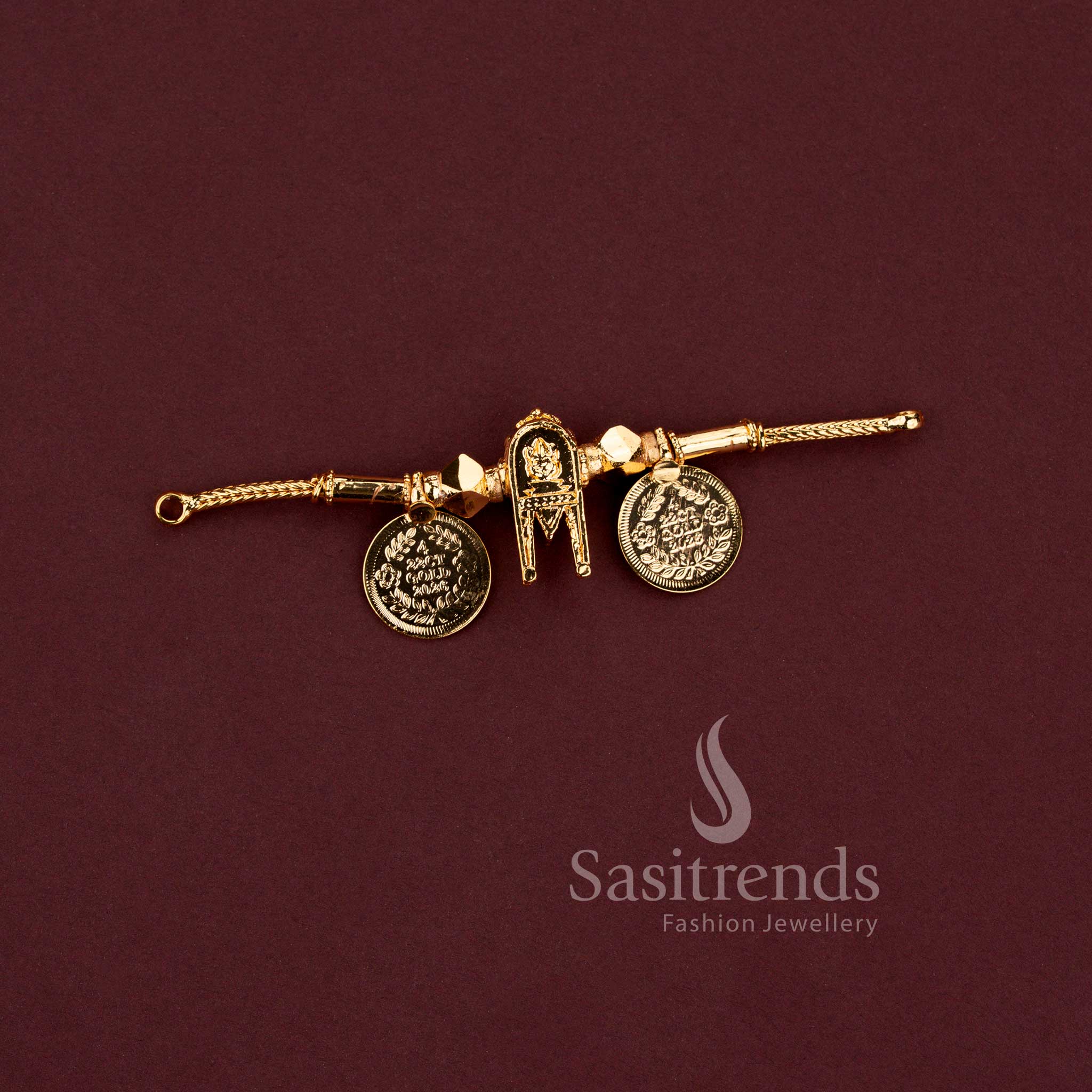 Traditional south indian micro gold plated thali pendants in thennai maram and lakshmi coin designs - Sasitrends.