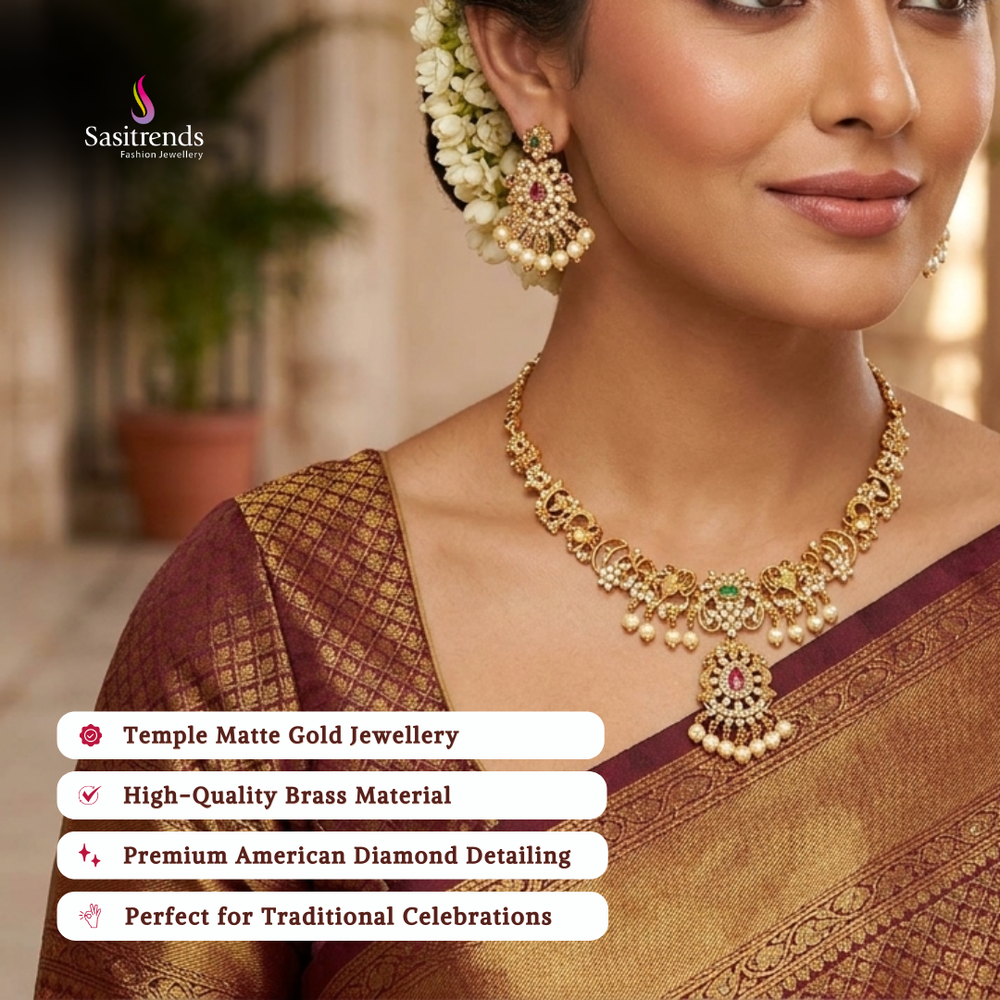 Traditional matte gold plated american diamond necklace set model image - Sasitrends