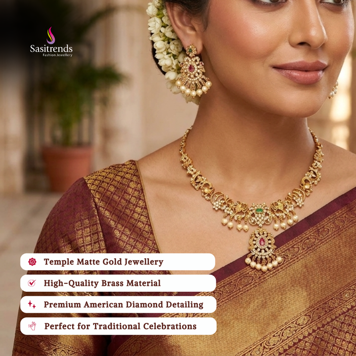 Traditional matte gold plated american diamond necklace set model image - Sasitrends