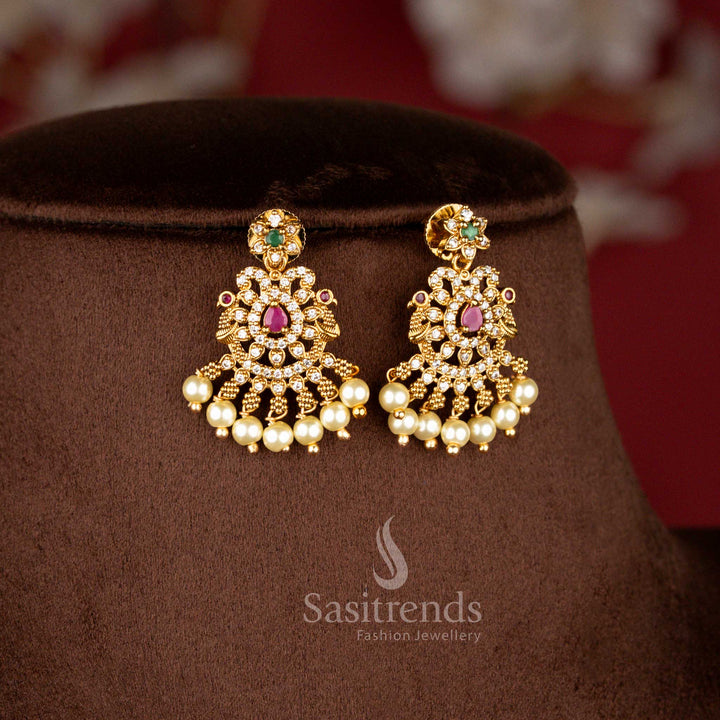 Traditional Matte Gold Plated Peacock Motif Necklace with AD Stones and Pearls - Sasitrends