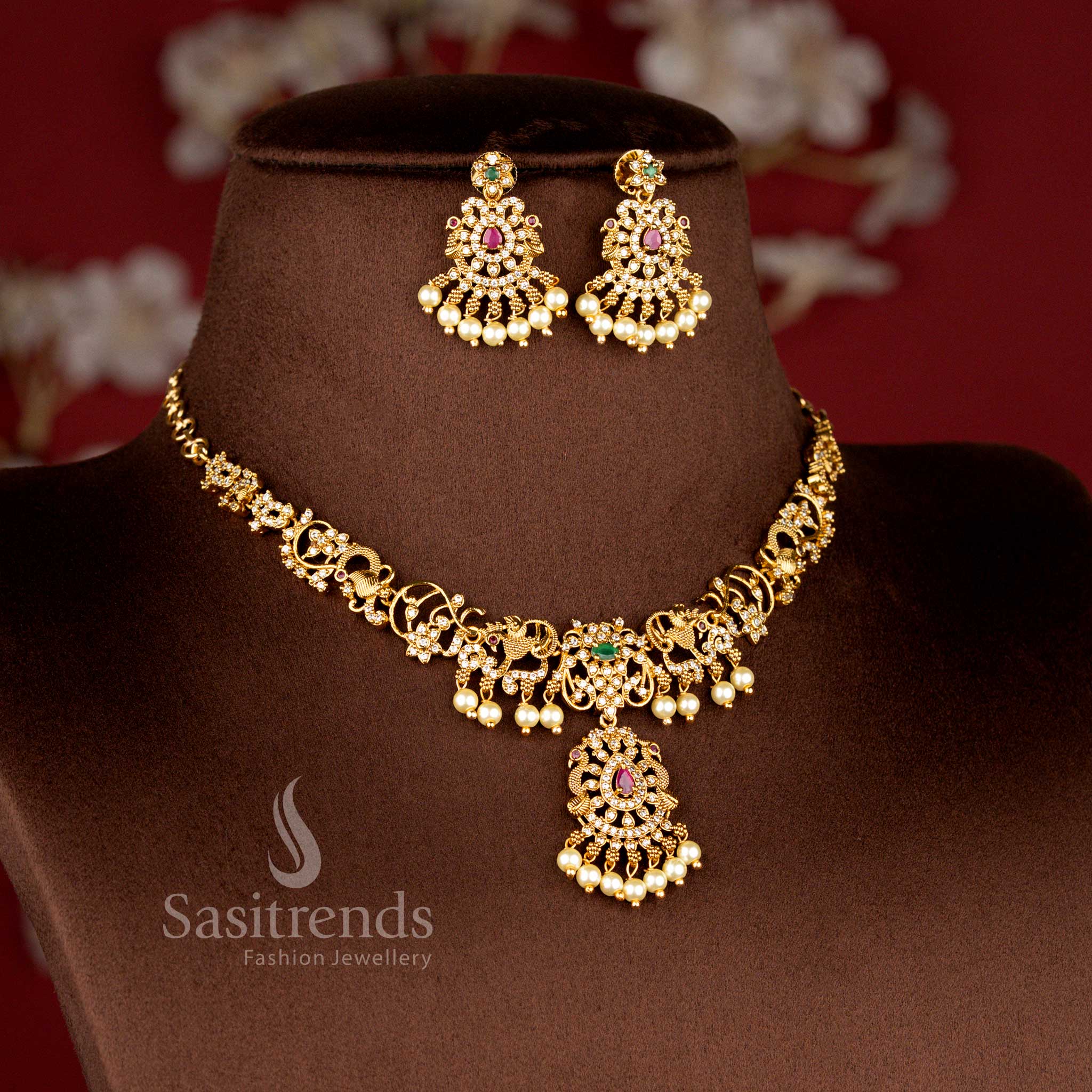 Temple Matte Gold Plated Floral Peacock Necklace Set with Matching Earrings - Sasitrends
