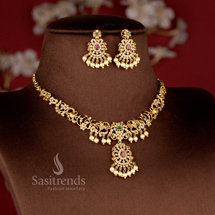 Temple Matte Gold Plated Floral Peacock Necklace Set with Matching Earrings - Sasitrends