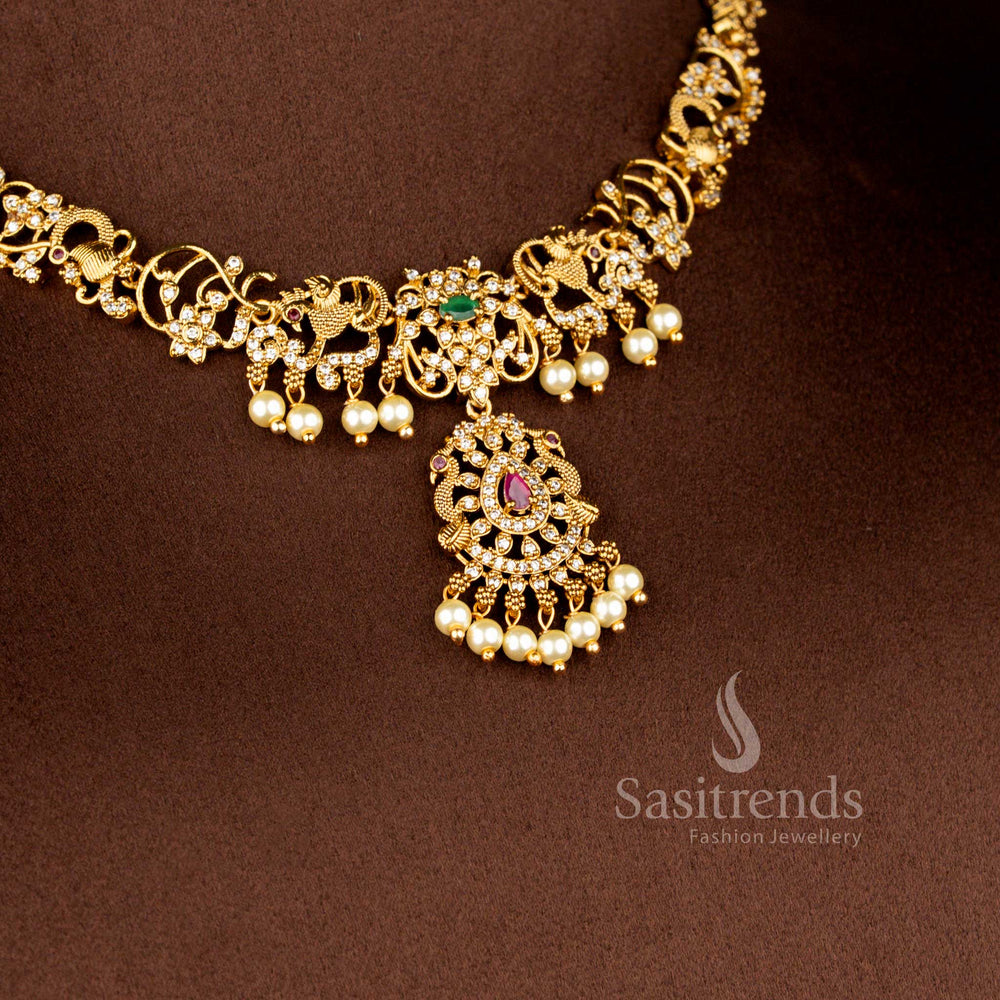 Traditional Matte Gold Plated Peacock Motif Necklace with AD Stones and Pearls - Sasitrends