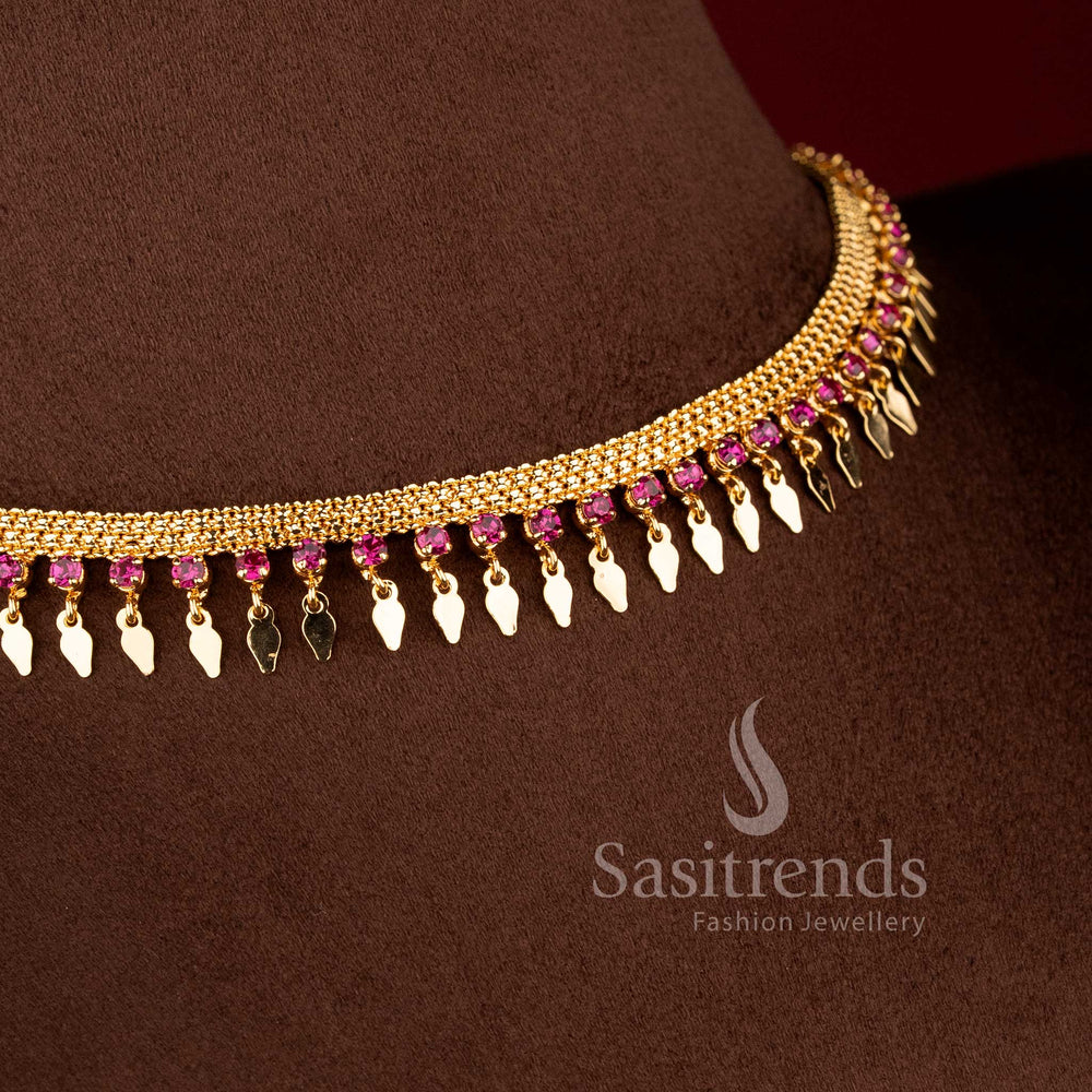 Authentic Kerala style gold plated elakkathali choker with ruby pink stones - Sasitrends