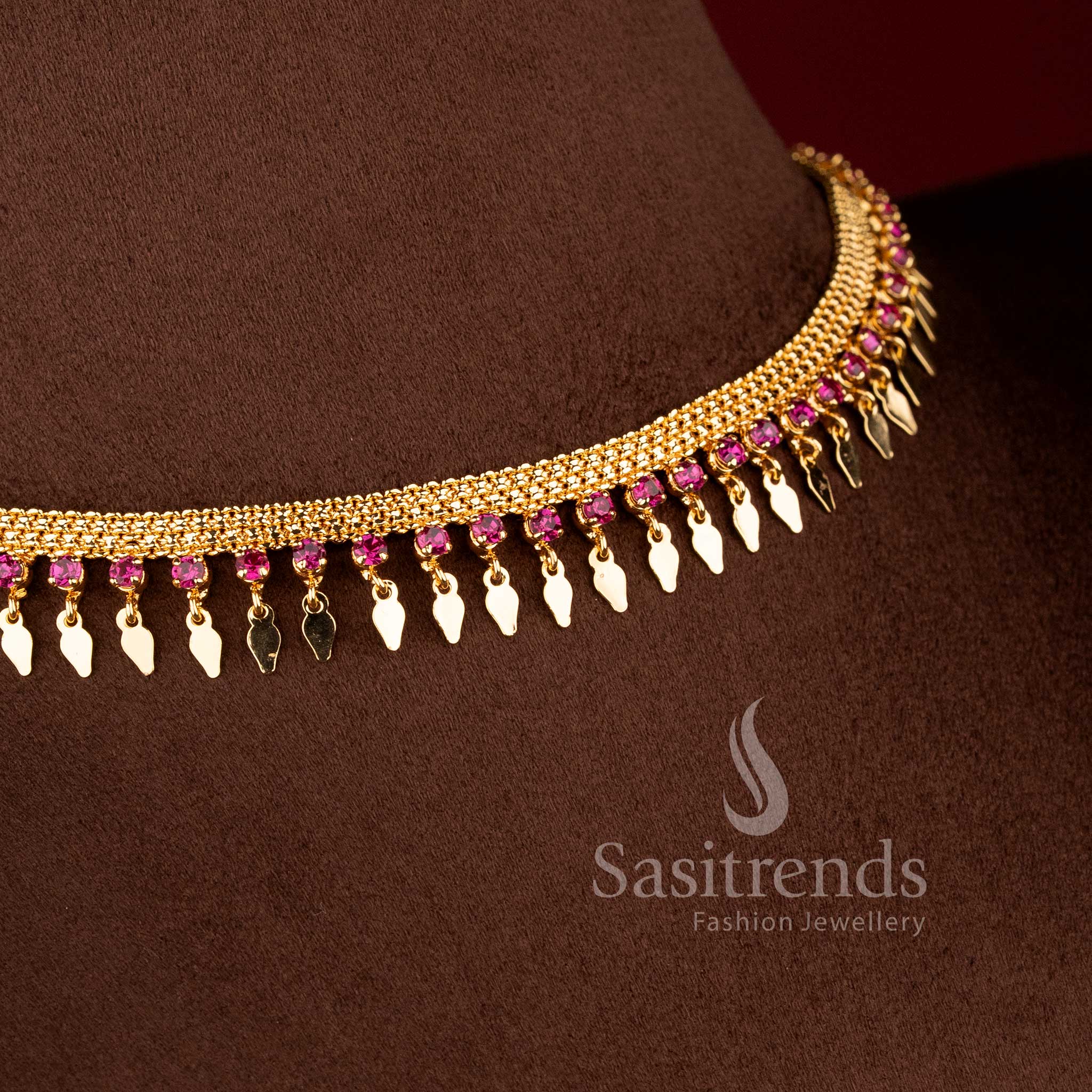Authentic Kerala style gold plated elakkathali choker with ruby pink stones - Sasitrends