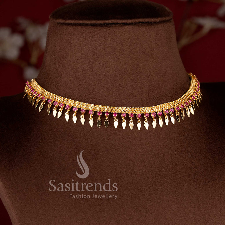 Kerala Style Guaranteed Micro Gold Plated Ruby Stone Accented Elakkathali Choker Necklace for Festive Wear - Sasitrends