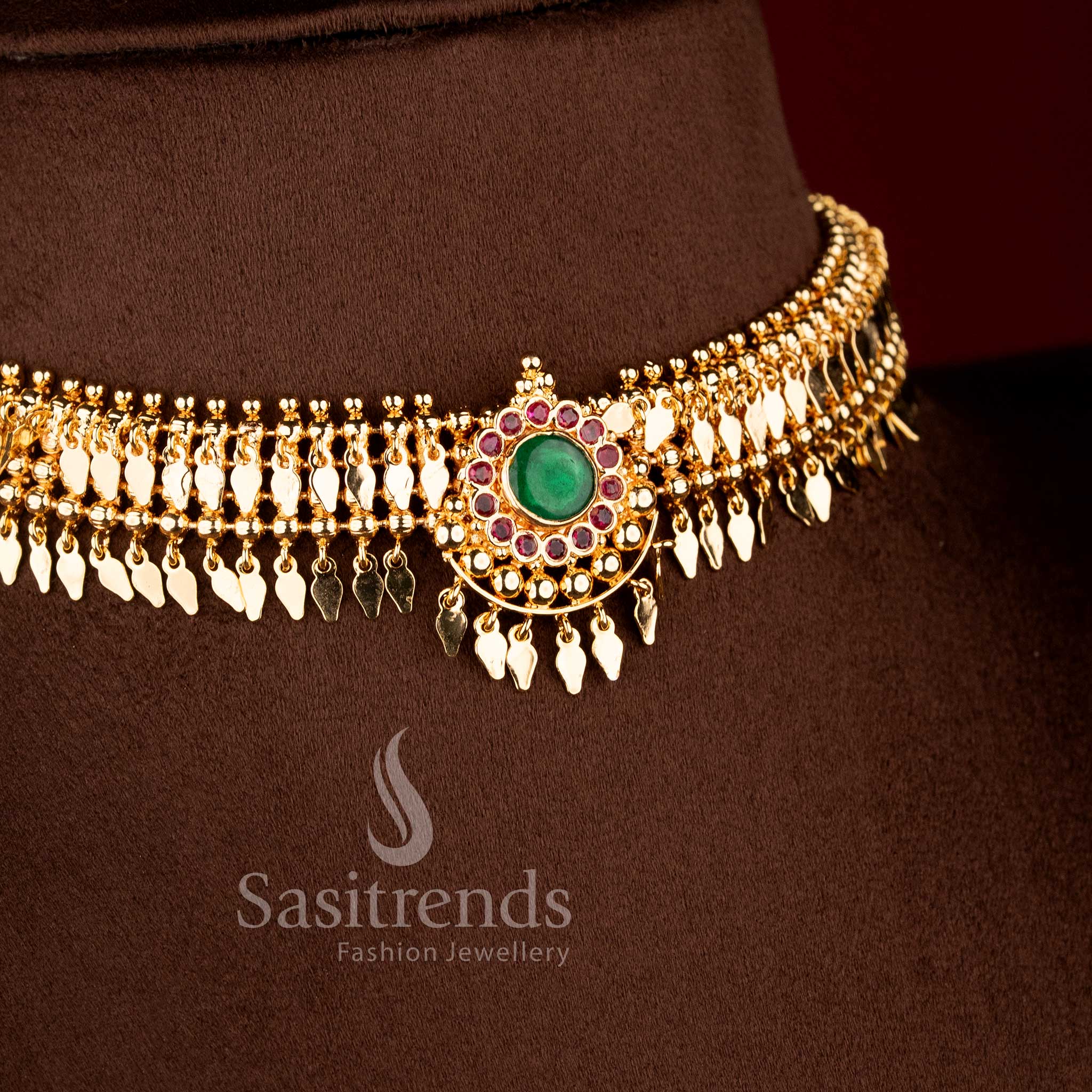 Authentic Kerala style gold plated elakkathali choker with green emerald cabochon medallion - Sasitrends