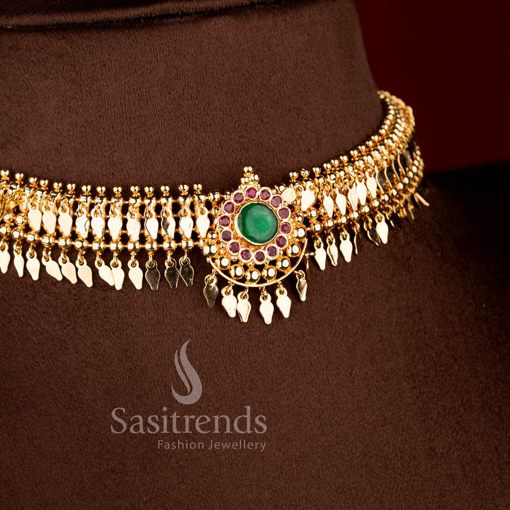 Authentic Kerala style gold plated elakkathali choker with green emerald cabochon medallion - Sasitrends