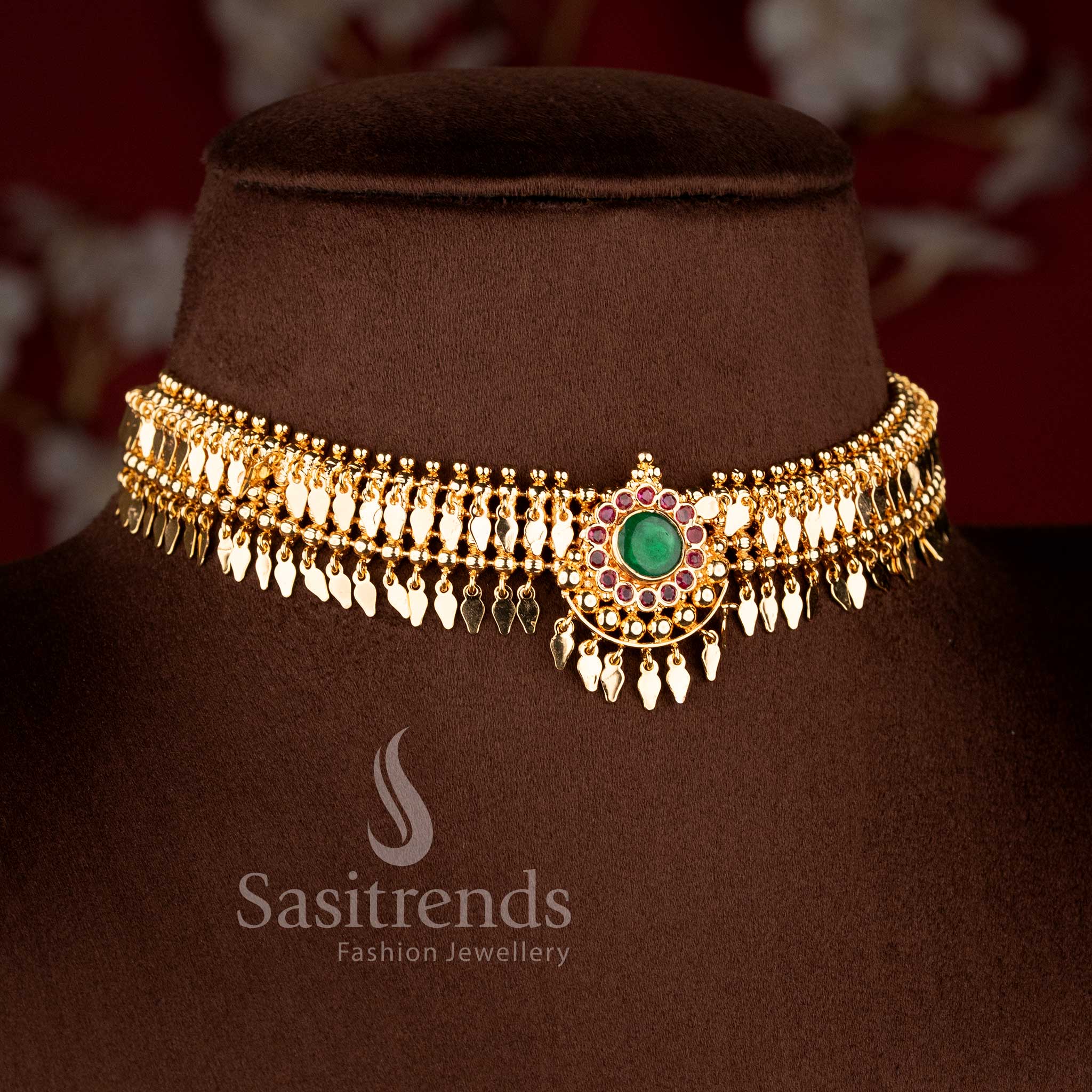 Micro Gold Plated Emerald Ruby Cabochon Elakkathali Choker Necklace - Sasitrends