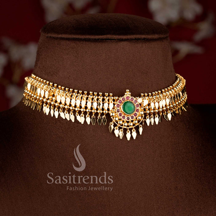 Traditional Micro Gold Plated Emerald Ruby Motif Elakkathali Choker Kerala Style Necklace for Onam Wear - Sasitrends