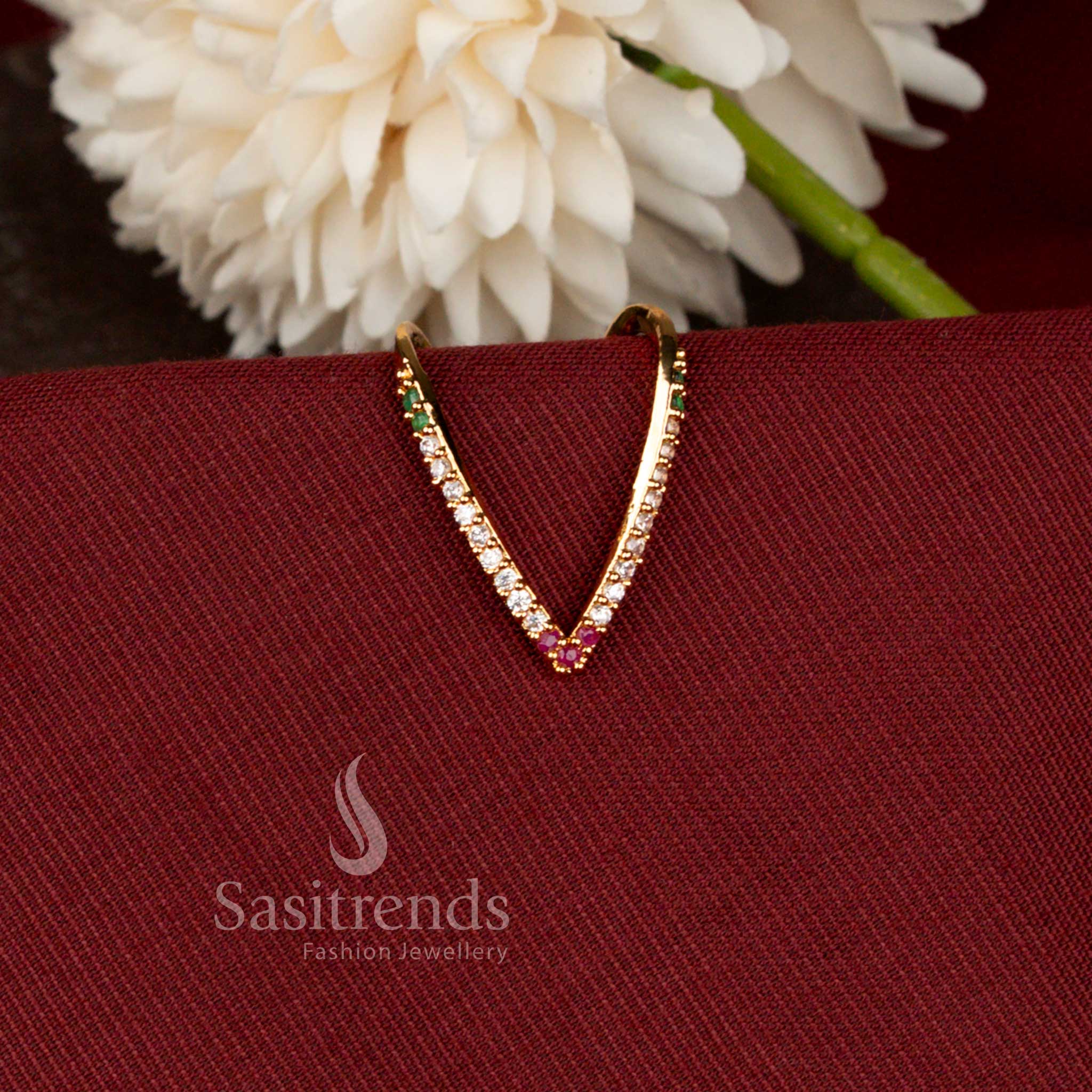 Micro Gold Plated V Shape Designer Ring with American Diamond Detailing - Sasitrends