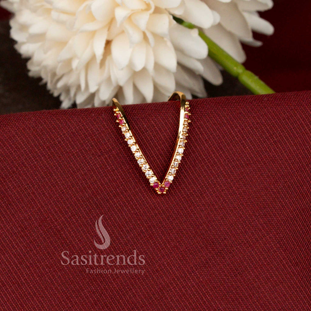 Micro Gold Plated V Shape Designer Ring with American Diamond Detailing - Sasitrends