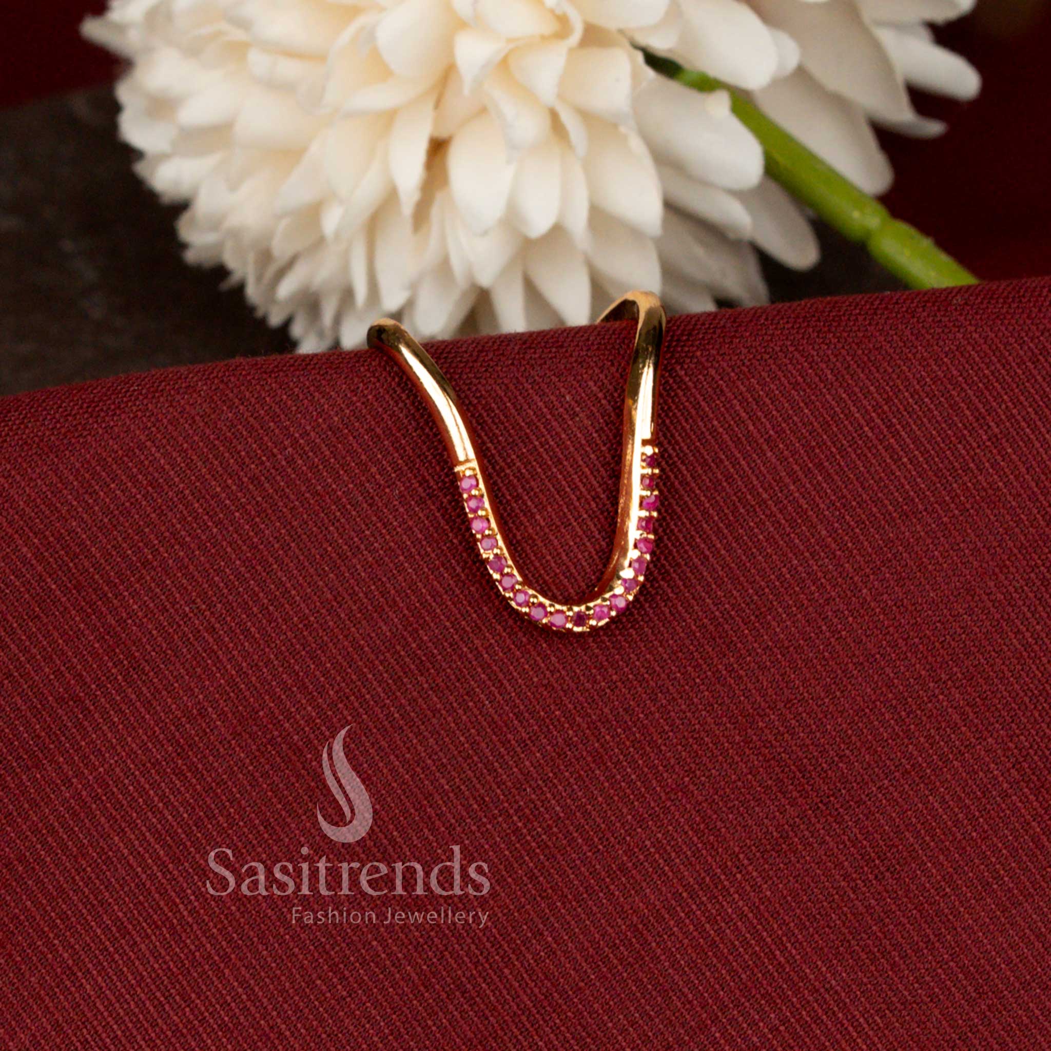 Elegant Curved American Diamond Finger Ring with Real Gold Finish Look - Sasitrends