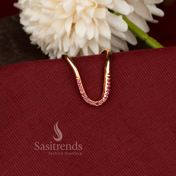 Elegant Curved American Diamond Finger Ring with Real Gold Finish Look - Sasitrends