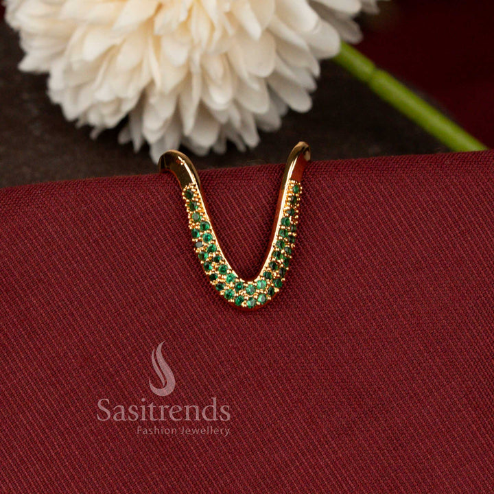 Guaranteed Micro Gold Plated Bold U Shaped Double Line American Diamond Designer Ring with Contemporary Open Curve Design - Sasitrends