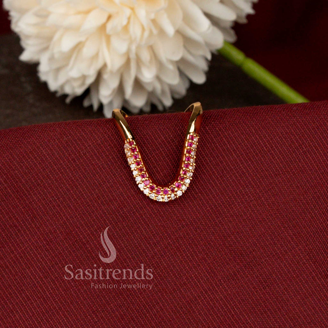Guaranteed Micro Gold Plated Dual Row American Diamond Curved Designer Ring with Elegant Open Style - Sasitrends