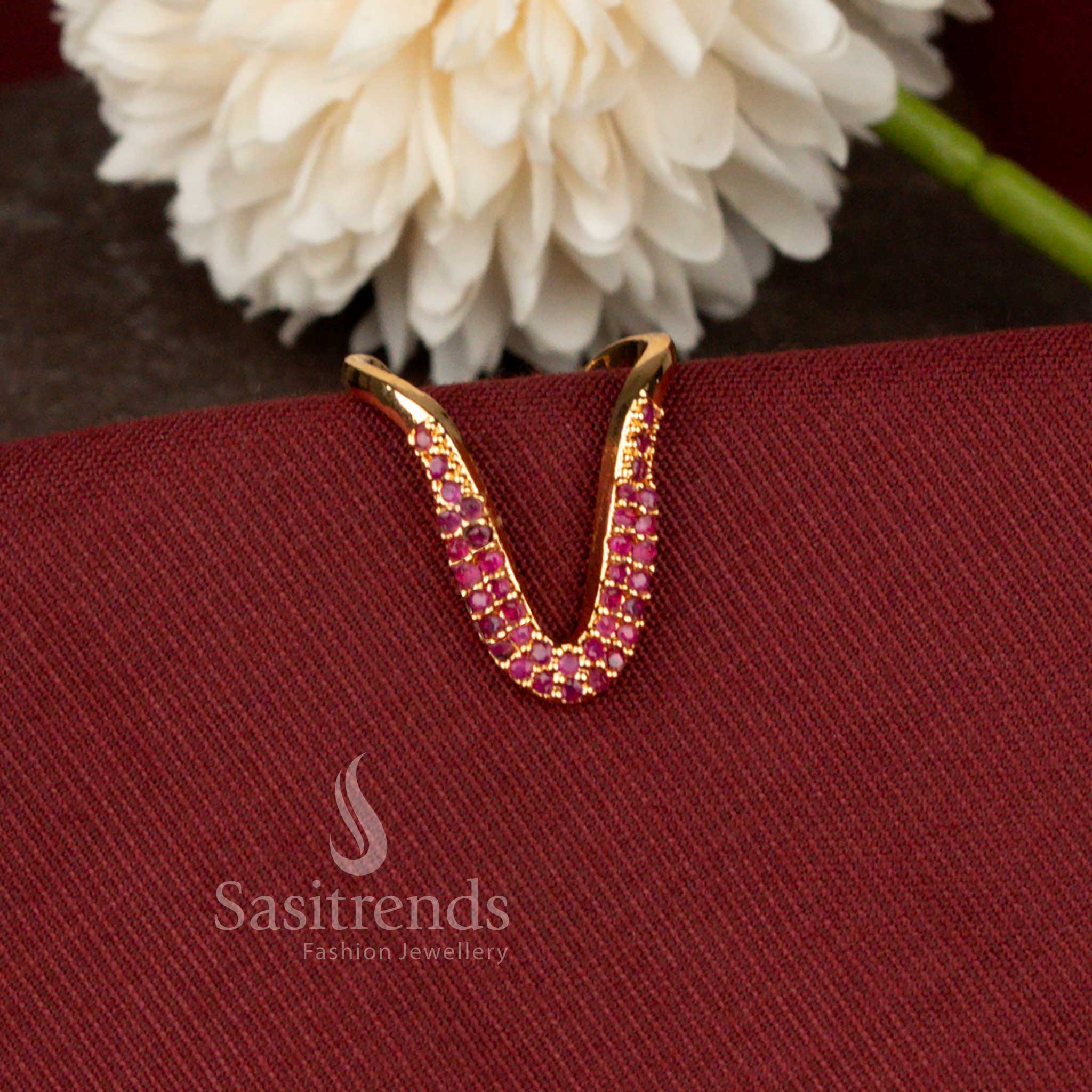 Guaranteed Micro Gold Plated Brilliant Curve American Diamond Designer Ring Featuring Elegant V Shape Detailing - Sasitrends