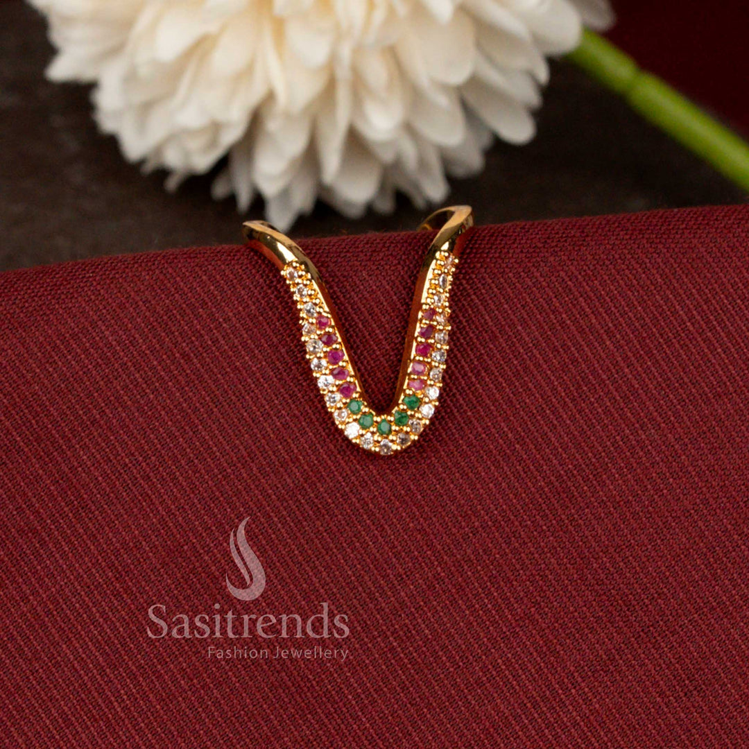 Guaranteed Micro Gold Plated Brilliant Curve American Diamond Designer Ring Featuring Elegant V Shape Detailing - Sasitrends