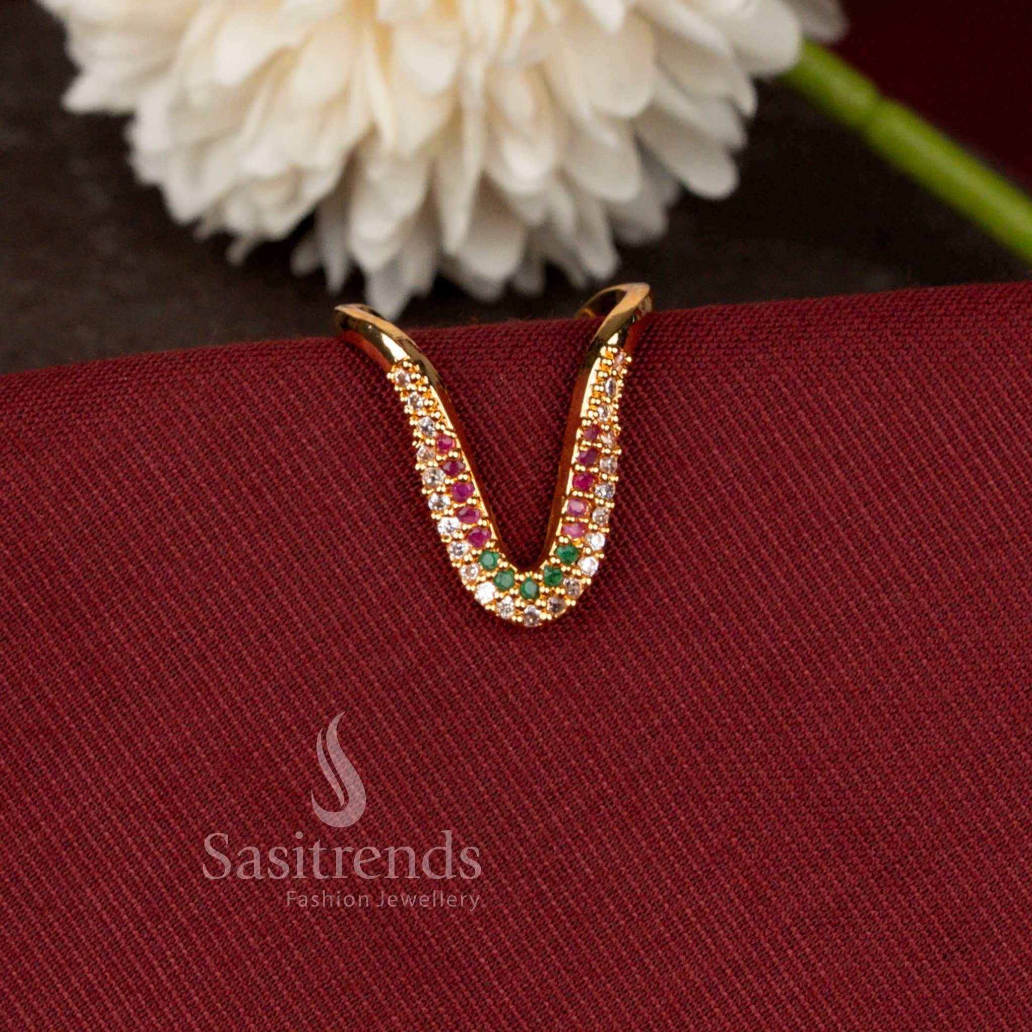 Guaranteed Micro Gold Plated Brilliant Curve American Diamond Designer Ring Featuring Elegant V Shape Detailing - Sasitrends