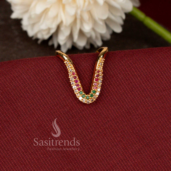 Guaranteed Micro Gold Plated Brilliant Curve American Diamond Designer Ring Featuring Elegant V Shape Detailing - Sasitrends