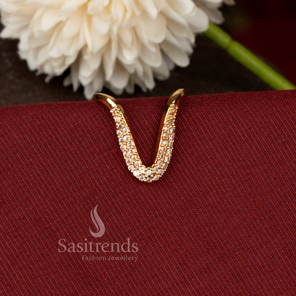 Guaranteed Micro Gold Plated Brilliant Curve American Diamond Designer Ring Featuring Elegant V Shape Detailing - Sasitrends