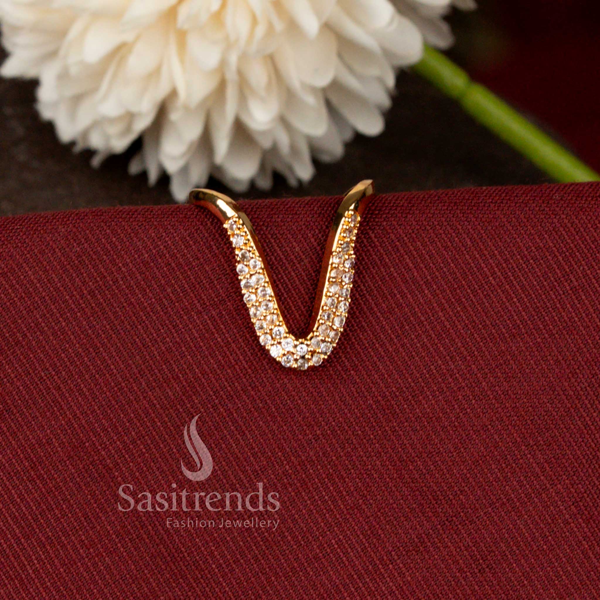Guaranteed Micro Gold Plated Brilliant Curve American Diamond Designer Ring Featuring Elegant V Shape Detailing - Sasitrends