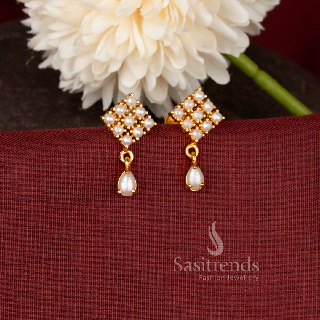 Micro Gold Plated Geometric Grid Drop Earrings with Sparkling Stone Detailing for Women - Sasitrends