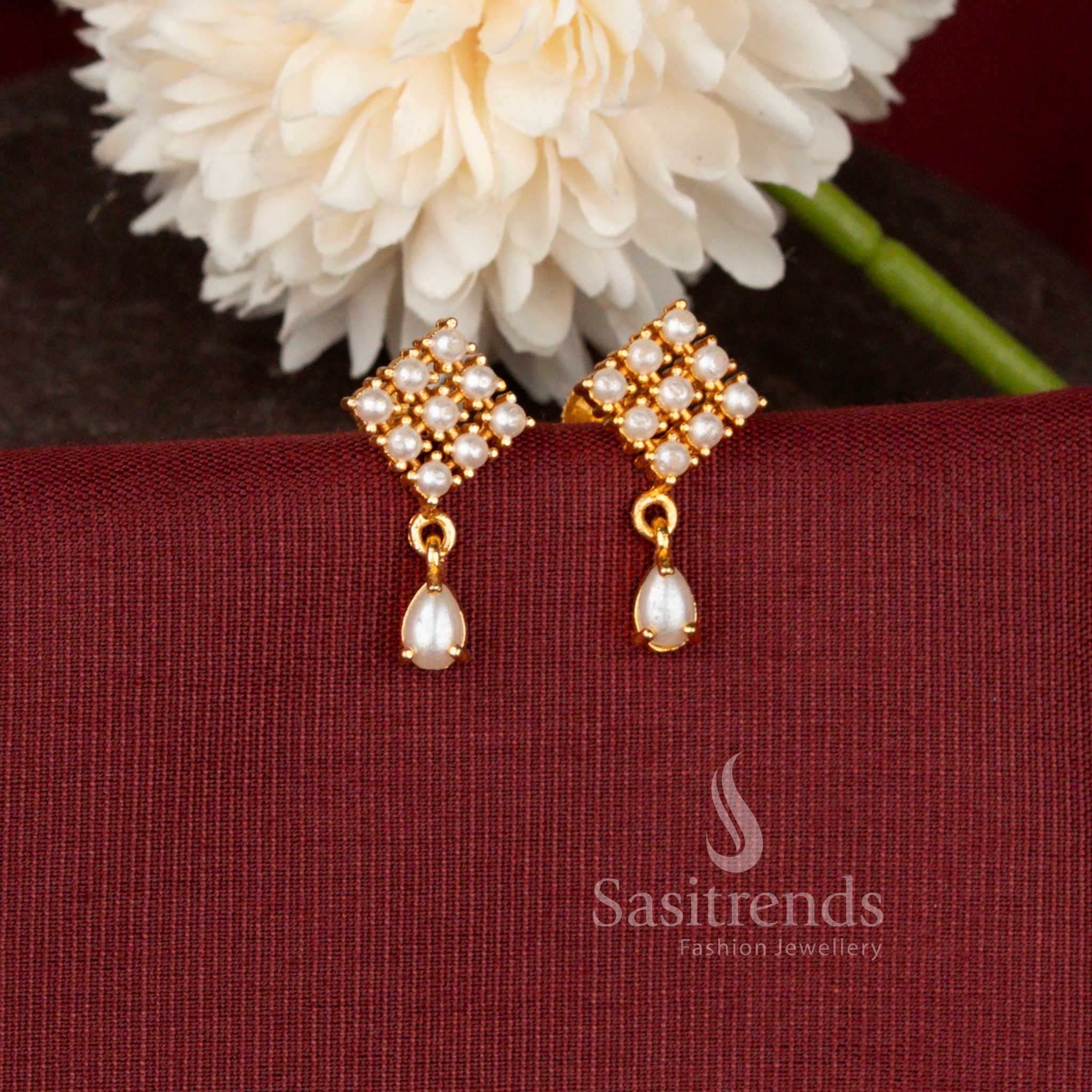 Micro Gold Plated Geometric Grid Drop Earrings with Sparkling Stone Detailing for Women - Sasitrends