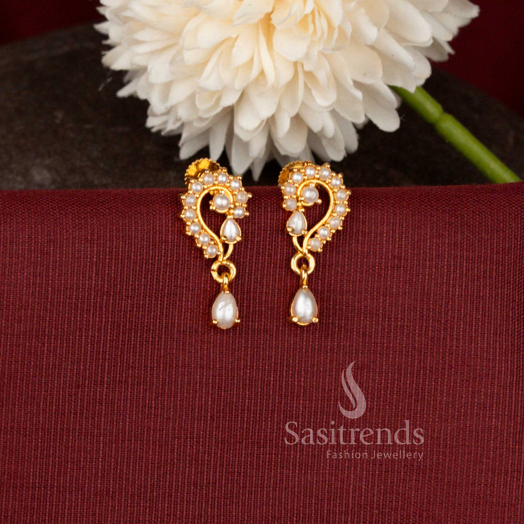 Micro Gold Plated Royal Paisley Drop Earrings with Sparkling American Diamond Detailing for Traditional Wear - Sasitrends