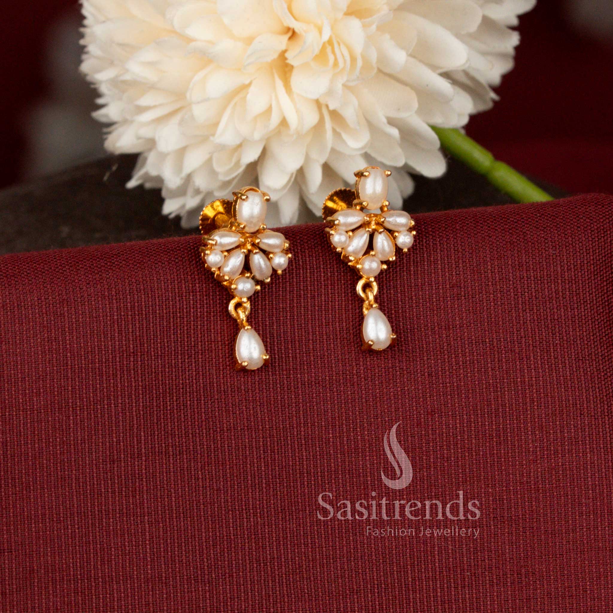 Micro Gold Plated Royal Floral Cluster Drop Earrings Featuring Marquise Stone Detailing - Sasitrends