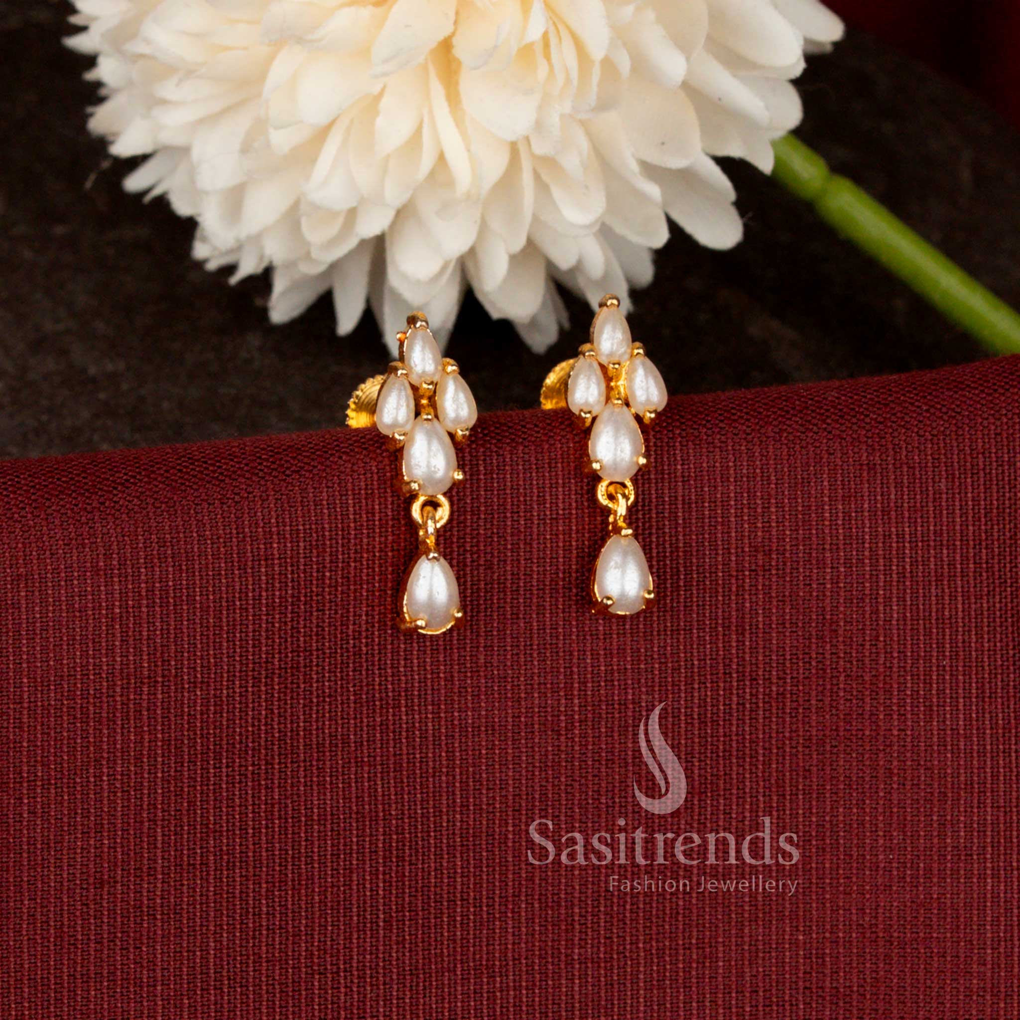 Micro Gold Plated Marquise Bud Drop Earrings Featuring Elegant Tapered Stone Arrangement - Sasitrends