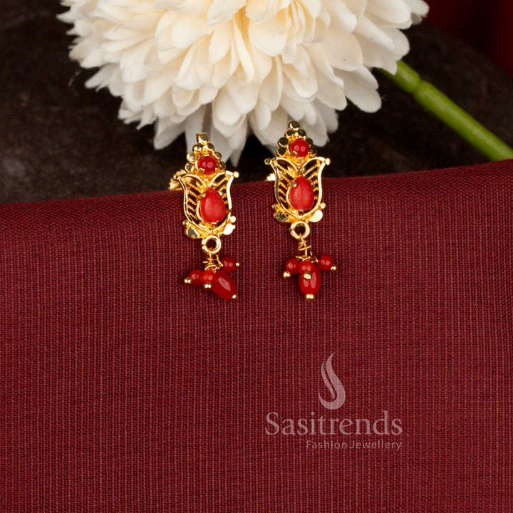 Micro Gold Plated Filigree Tulip Drop Earrings with Traditional Hanging Bead Design - Sasitrends