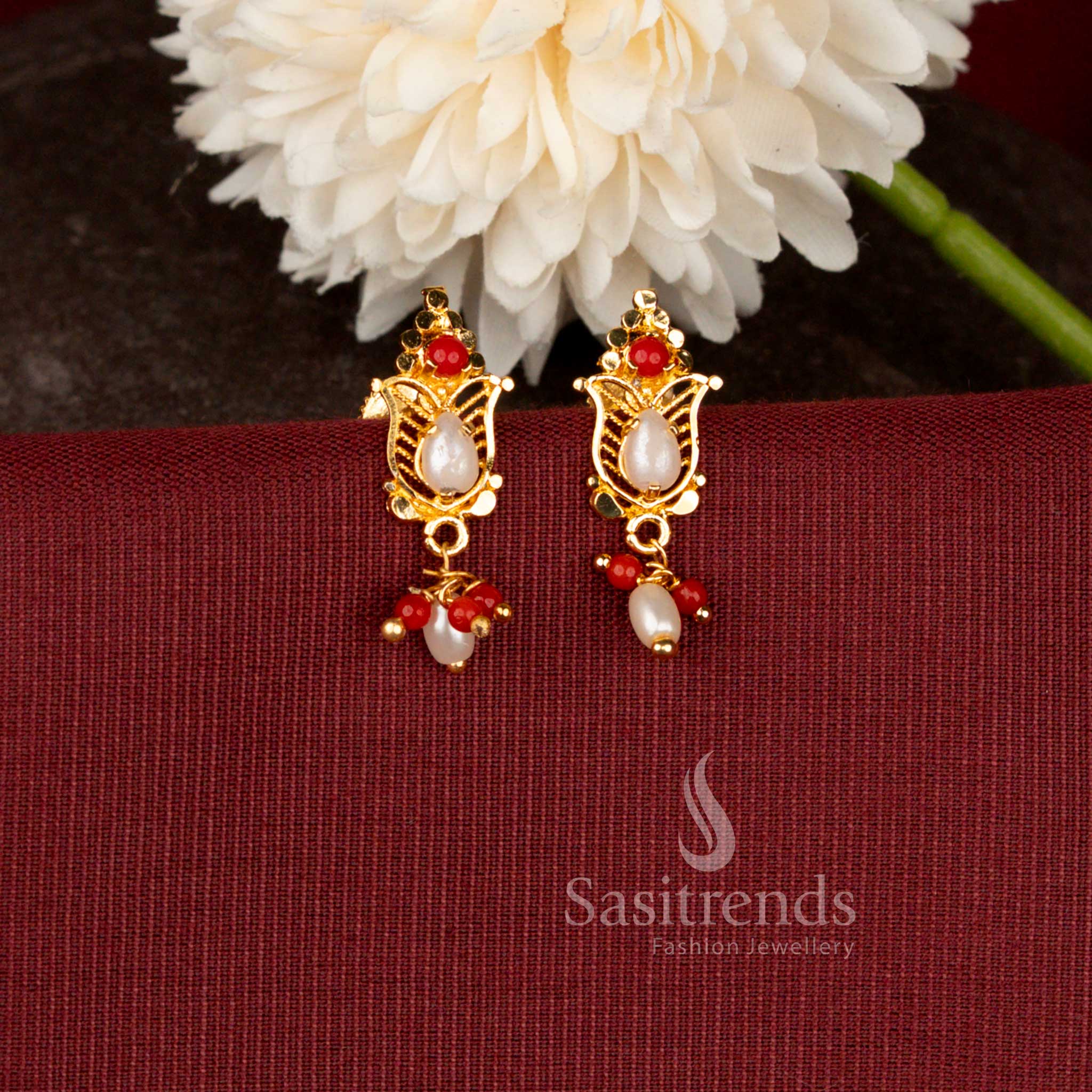 Traditional Micro Gold Plated Heritage Drop Earrings Crafted with Tulip Motif and Bead Accents - Sasitrends