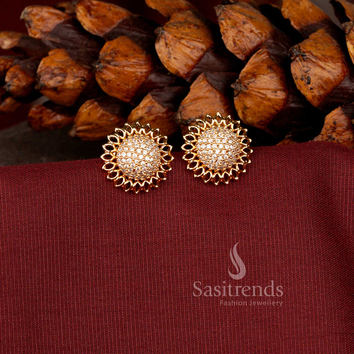 American Diamond Micro Gold Plated Stud Earrings with Push Back Closure, Real Diamond Look Party Wear Jewellery for Women - Sasitrends