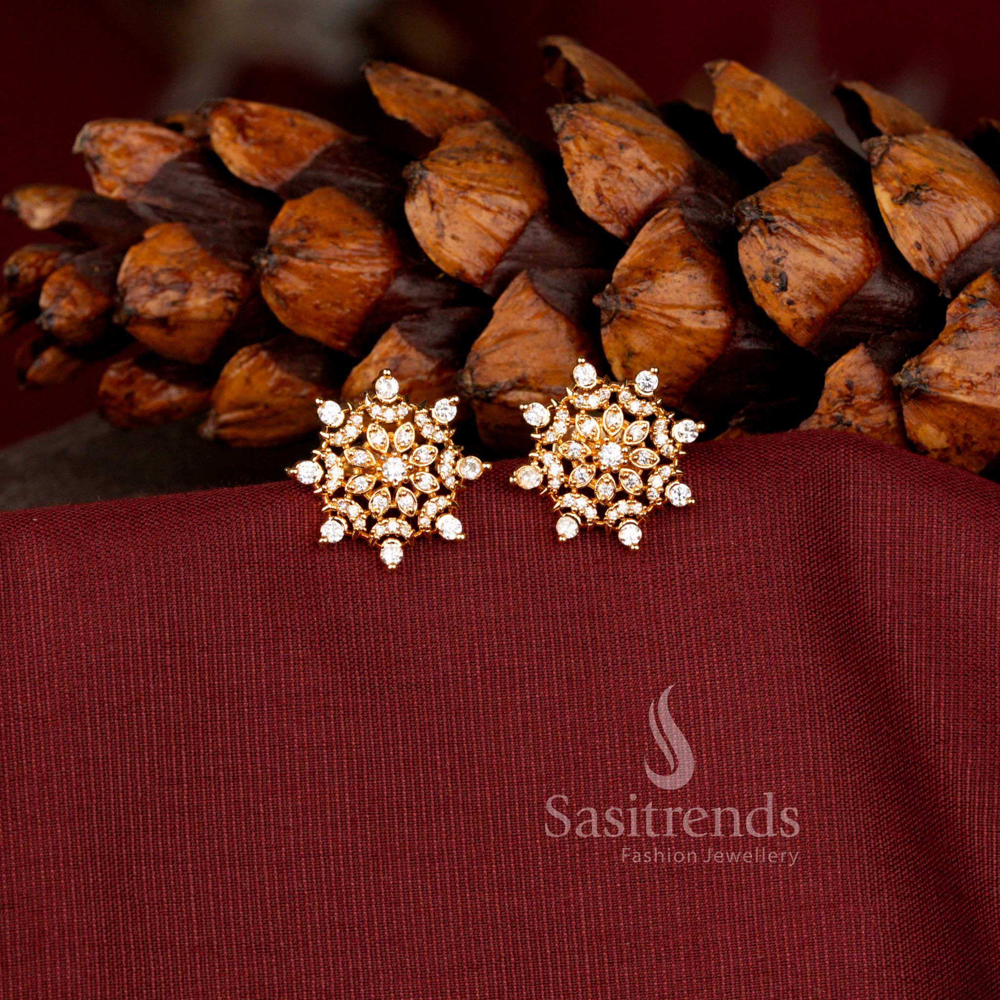 Elegant American Diamond Gold Stud Earrings with Sparkling Stones and Micro Gold Plated Finish for Women - Sasitrends